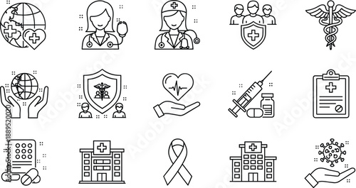 Healthcare medical icons set featuring doctors nurses hospitals vaccines protection global health insurance symbols line vector illustration collection outline design modern