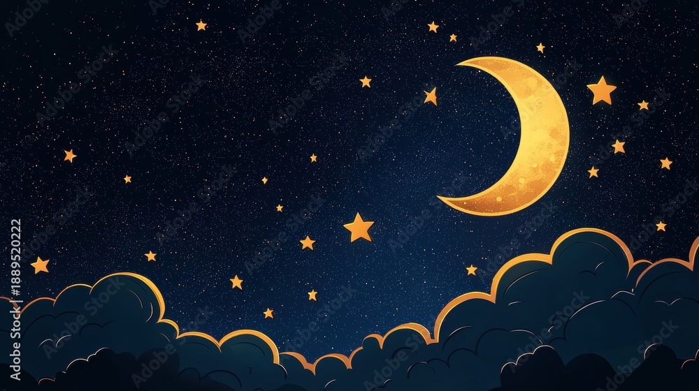 Naklejka premium Pixel Art Night Sky Crescent Moon and Golden Stars Above Dark Teal Clouds