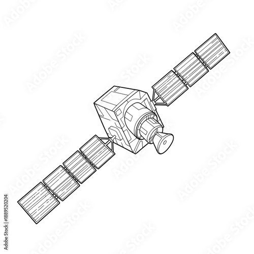Satellite A cube-shaped core with panels, a cone-shaped thruster and a lot of solar panels