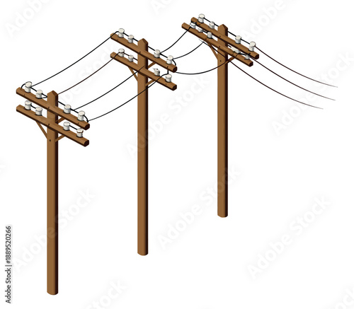 Isometric utility pole set featuring wooden poles and electrical wires for power supply infrastructure