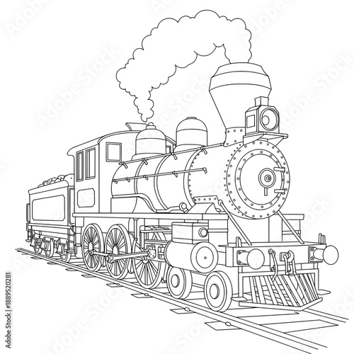 Outlined locomotive with smoke billowing from its chimney against a white background