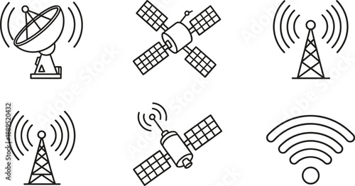 Wireless communication and satellite signal icons featuring antennas, orbiting transmitters, radio towers, and WiFi symbols in outline style
