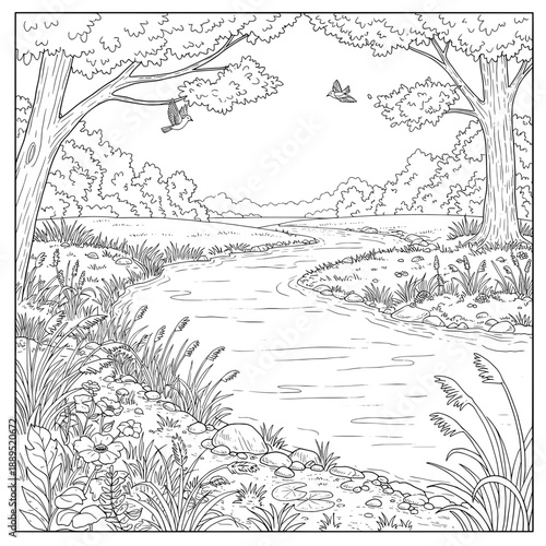 Scenic black and white of a winding river surrounded by grass and forest with birds flying