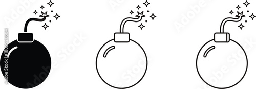 Cartoon bomb icons with sparkling fuse in solid and outline styles representing danger, explosion warning, and hazard symbols