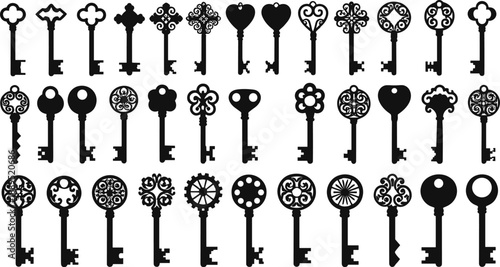 Vintage ornamental skeleton key silhouettes set featuring heart, floral, circular and decorative antique lock designs