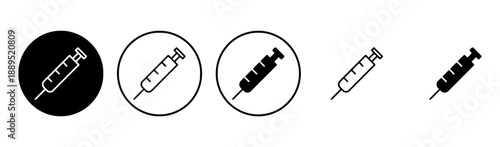 Five syringe icons in different styles including solid filled and outlined versions presented on white background for medical and healthcare graphic design