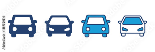 Four car icons in blue and white with outline and solid variations representing automotive and transport vehicles isolated on white background