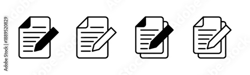 Four document and pencil icons in solid and line art styles, illustrating writing, signing, and paperwork for office or education