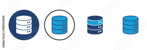 Four database icons representing data storage, multiple layers of stacked cylinders in blue and dark blue, with outlines and solid fill, symbolizing information, backup, or server stacks