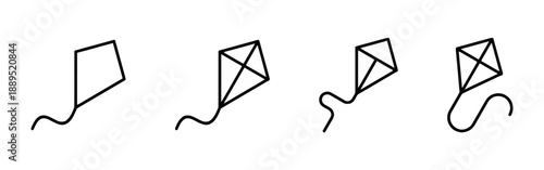 Four kite line art illustrations showing different designs and string styles for flying objects outdoor activity symbol toy graphic element simple vector drawings with playful wavy tails