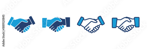 Four handshake icons symbolizing agreement partnership and business success in blue and dark blue color palette with outline and solid fill