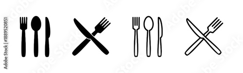 Four different utensil set icons representing cutlery for dining and food service with fork spoon and knife solid and outline styles