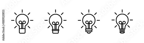 Four light bulb icons in various styles, symbolizing ideas, innovation, and inspiration, perfect for technology and creative concepts.