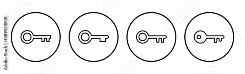 Four circle icons featuring keys in black and white outline, representing access, security, and solutions.