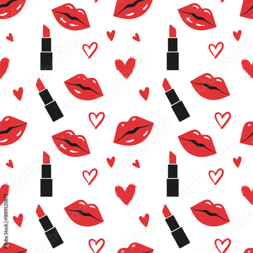 Seamless lipstick and red lips pattern with hearts creating romantic beauty background in playful flat illustration style