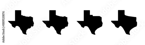 Four silhouette icons of Texas state map outlines in different variations, symbolizing geography, location, and American states for travel and identity.