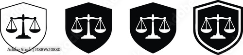 Four scales of justice icons set within shield outlines, varying in fill and border styles, symbolizing law, fairness, legal system, and judicial balance in a professional and authoritative manner