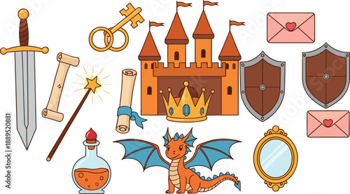 Fairytale fantasy medieval icon set with castle, dragon, sword, magic wand, crown, shields, potions and royal symbols