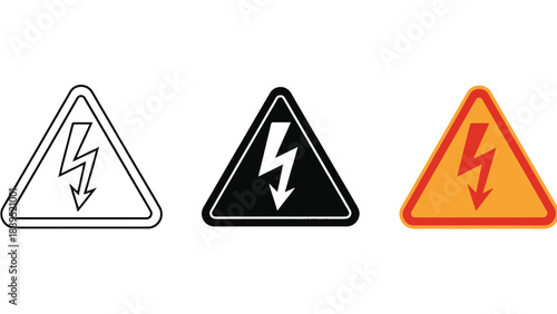 Three warning signs with lightning bolts on a white background