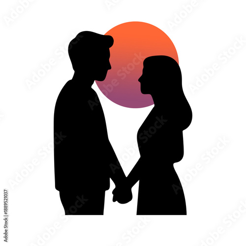 Silhouette Serenade: A couple, silhouetted against a gradient sunset, share a tender moment, hand in hand. A timeless depiction of love and togetherness.