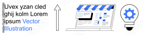 E-commerce, digital marketing, innovation, technology, user interface, online business. A digital storefront with a striped awning and bulb with a gear symbol. E-commerce and digital marketing