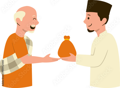 Male character giving charity aid to old man in holy month of Ramadhan