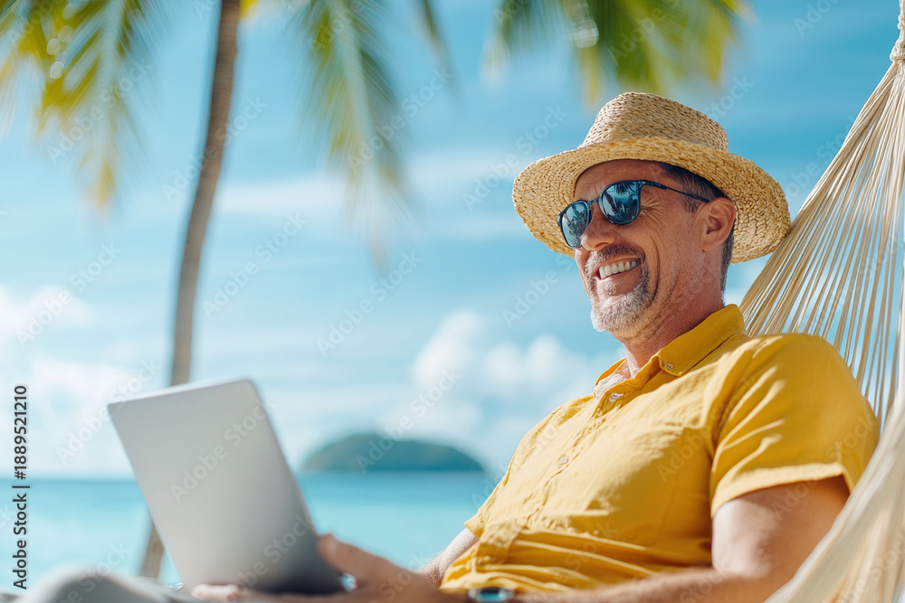 Fototapeta premium Digital nomad enjoying sunny beach while participating in online meeting, showcasing relaxed and happy demeanor