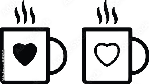 Two steaming coffee mugs with heart designs on a white background
