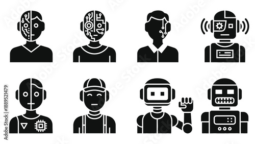 A collection of black and white robot icons with unique designs
