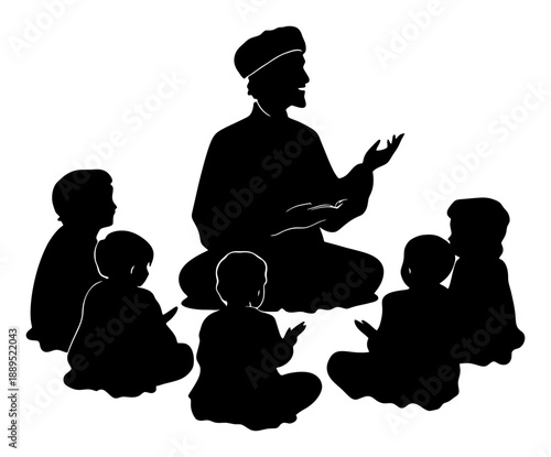 Silhouette of a Muslim Teacher Reading Quran to Children in a Circle