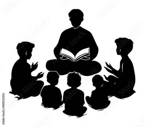 Traditional Islamic Education Concept with Teacher and Kids Reading Quran