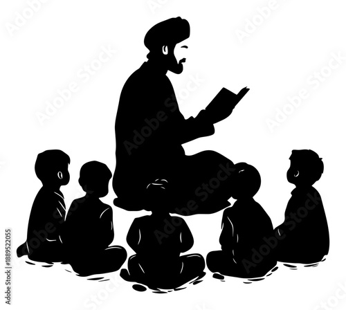 Silhouette of a Muslim Teacher Reading Quran to Children in a Circle