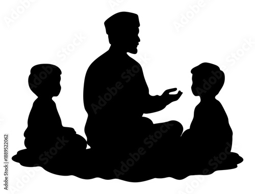 Silhouette of a Muslim Teacher Reading Quran to Children in a Circle