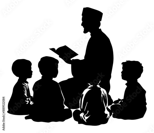 Muslim Scholar Teaching Holy Quran to Young Students Silhouette