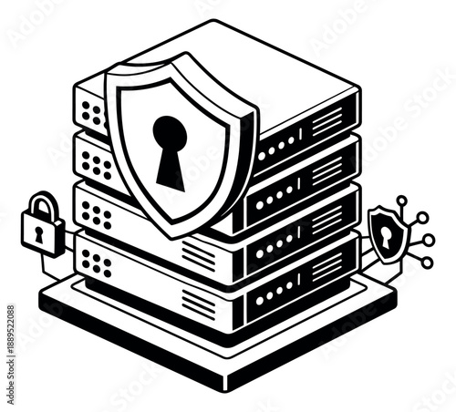 Isometric line art illustration of a server stack depicting data security for cybersecurity concepts
