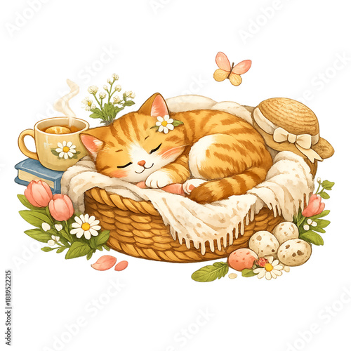 Cozy spring nap in a basket