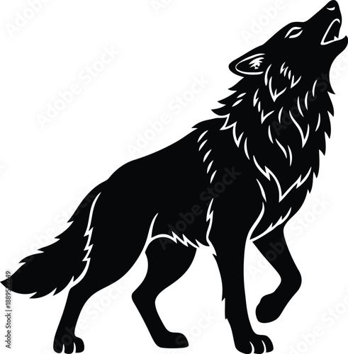 Isolated black wolf and dog silhouette vector illustration featuring wild canine wildlife and mammal animal nature logo on white background