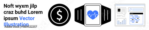 Financial planning, fitness tracking, health data, digital reports, wearable tech, economic goals. Dollar sign, smartwatch with heart monitoring and analytics dashboard icons. Financial planning