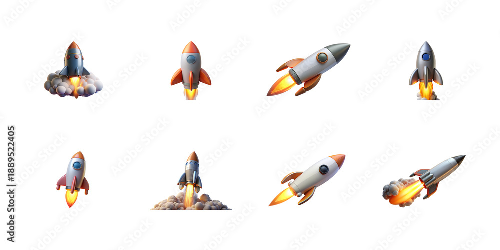 Naklejka premium Collection of eight stylized cartoon rockets featuring various launch and flight poses ready for space travel on transparent background