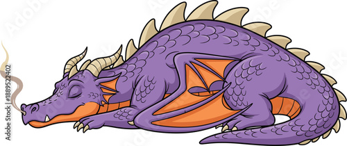 Cute purple cartoon dragon curled up and sleeping peacefully, with small smoke plumes gently drifting from its nose, representing fantasy, slumber, and mythical creatures.