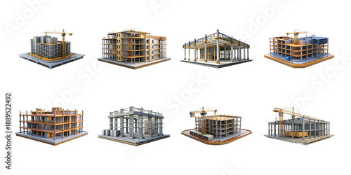 Collection of eight isometric 3d construction site building stages featuring cranes and structural frames on transparent background