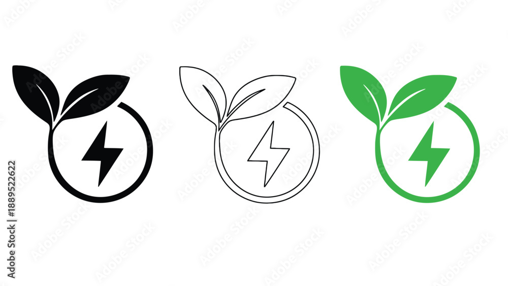 Fototapeta premium Eco friendly energy logos with lightning bolts and green leaves