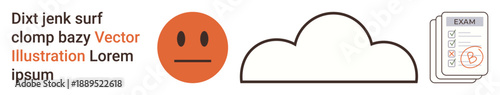 Emotions, feedback, evaluation, academic assessment, productivity, report. Frowning face, cloud and marked exam paper. Emotions and feedback related to performance evaluation and academic assessment