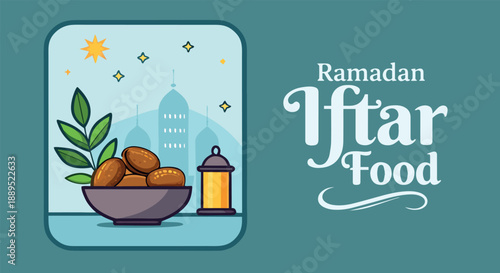 Ramadan iftar food illustration with dates, a lantern, and mosque silhouettes