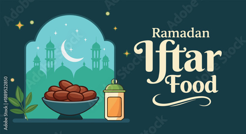 Ramadan iftar food celebration featuring dates and mosque silhouette at twilight