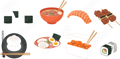 Set of traditional Japanese food icons with ramen bowls sushi onigiri gyoza and yakitori vector illustration isolated on grey background