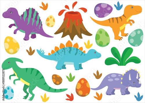 Dinosaurs Set Hand Drawn Illustration, Baby Shower Invitation Card Holiday Element Kids Birthday Jurassic Party. Cartoon Tyrannosaurus Decor Vector