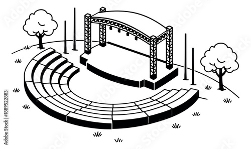 Hand drawn isometric line art illustration of an outdoor stage with amphitheater seating depicting a public event venue for concerts