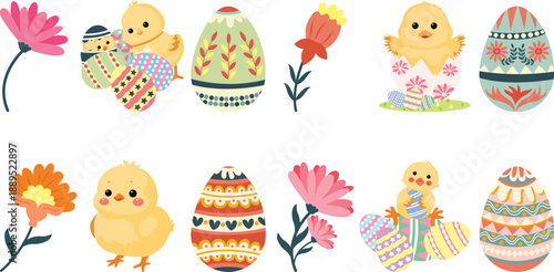 Vector Set of Easter Cute Objects and Elements: Eggs, flowers, Chick, Flowers, Hatching Egg. Hand Drawing Happy Easter Collection. Isolated on White Background