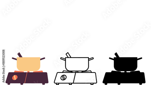 Three different colored illustrations of portable electric cookers with pots